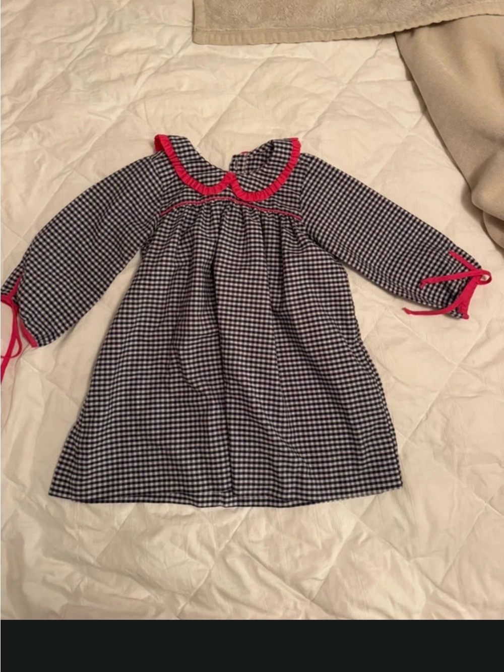 Navy Gingham Girls Dress with Pink Trim